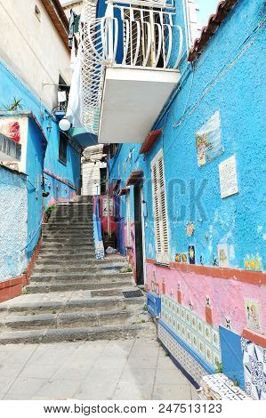 Vietri Sul Mare, Italy - April 27, 2018 View On The Narrow Street Of Colored House, With Traditional