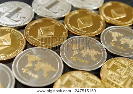 Big Stack Of Of Bitcoin, Ripple, Etherum And Litecoin Coins. Virtual Currency Concept. Luxury Rich C