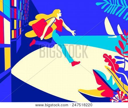 Illustration Of A Girl Going On Vacation From A Megapolis To A Sea