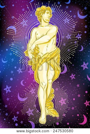 Beautiful Greek God On Space Background. The Mythological Heroine Of Ancient Greece. Outer Space Vec