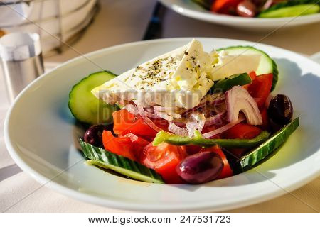 Beautiful Original And Legitimate Greek Salad Served In Athens, Greece.