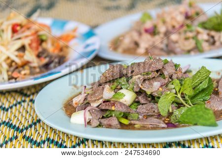 Spicy Pork Liver Salad (tub Wan) Is A Thai Esan Food For Sale At Thai Street Food Market Or Restaura
