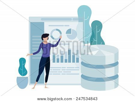 Data Science Concept Of Big Database Technology. Environment Friendly Green Leaf. Woman Explain Pres