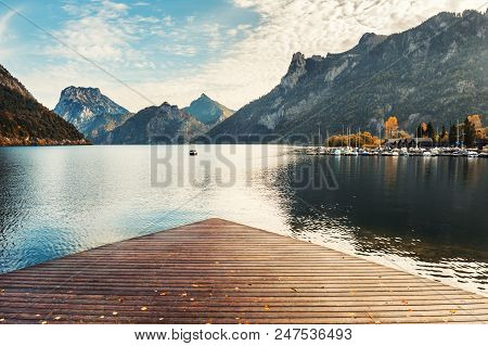 Traunsee Lake In Alps Mountains, Austria. Autumn Landscape