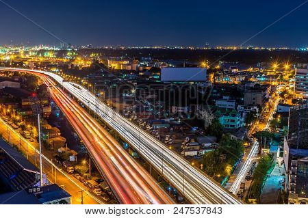 Cityscape And Light Of Night Road In Long Exposure