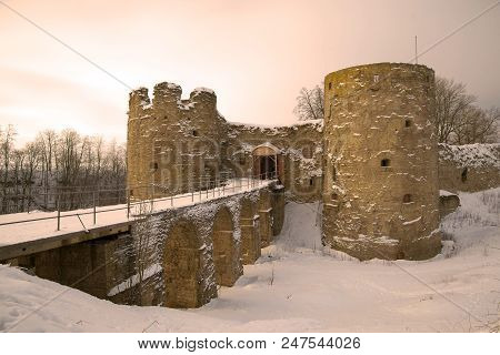 Koporskaya Fortress In The Cloudy February Morning. Koporye, Leningrad Region, Russia