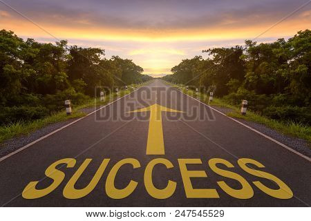 Empty Blur Asphalt Road And Sunlight And Sign Which Symbol Success. Concept For Success.