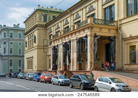 Saint Petersburg, Russia - August 18, 2017:statues Of Atlantis Decorate The Portico Of The New Hermi