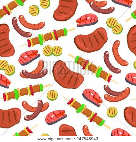 Barbecued Food Seamless Pattern, Brochettes And Steaks, Salmon And Sausages, Vegetables And Barbecue