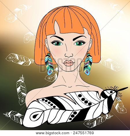 Boho Style Fashion Girl With With Red Hair And Green Eyes On The Background Of Falling Feathers. Vec