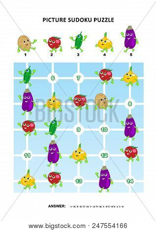 Picture Sudoku Puzzle 5x5 (one Block) With Vegetables - Potato, Tomato, Cucumber, Onion, Eggplant. A