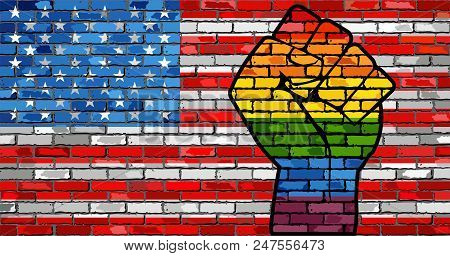 Lgbt Protest Fist On A Usa Brick Wall Flag - Illustration, 
Brick Wall Usa And Gay Flags