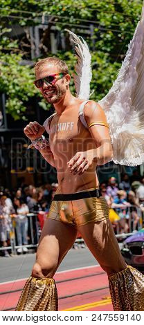 Gay Pride Parade In San Francisco - Corporate Smirnoff Liquor Marches With Angles On Stilts