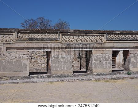 Patio Walls Of San Pedro Church At City Of Mitla, Archeological Site Of Zapotec Culture In Oaxaca St