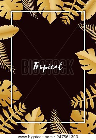 Composition With Luxury Golden Jungle Leaves On White Background In Paper Cut Style. Tropical White 