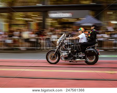 Gay Pride Parade In San Francisco - Dykes On Bikes Lead The Parade Past Blurred Audience