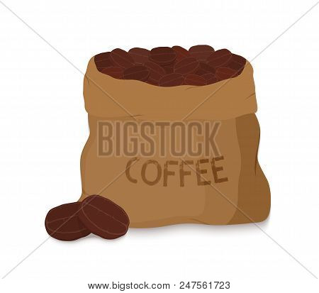 Vector Brown Canvas Coffee Bag, Package For Grains Of Aroma Product. Made In Cartoon Flat Style