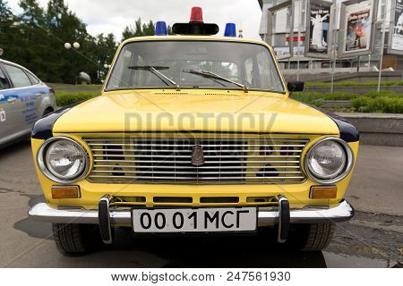 Yoshkar-ola, Russia - May 31, 2018 Old Soviet Police Car On Exhibition