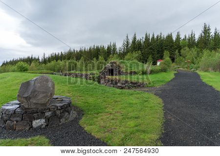 Stone Hut With Grass Roof In Reykholt. Iceland