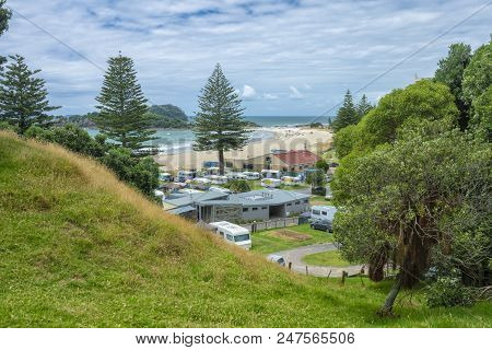 Tauranga New Zealand - January 15, 2018: Camping Site At The Beach In Mount Maunganui. Mount Maungan