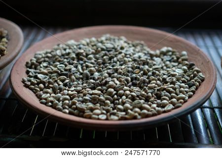 Closeup of raw beans of luwak coffee in the big clay dish. One of the steps of preparing of the most expensive coffee in the world