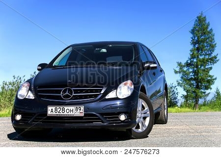 Novyy Urengoy, Russia - June 27, 2018: Black Motor Car Mercedes-benz W251 R350 At The Countryside.