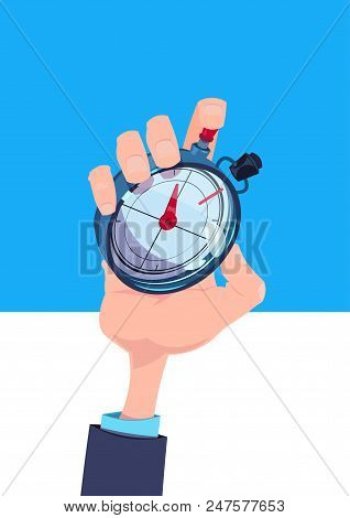 Human Hand Hold Stopwatch Time Manager Chronometer Timer Concept Flat Vertical Vector Illustration