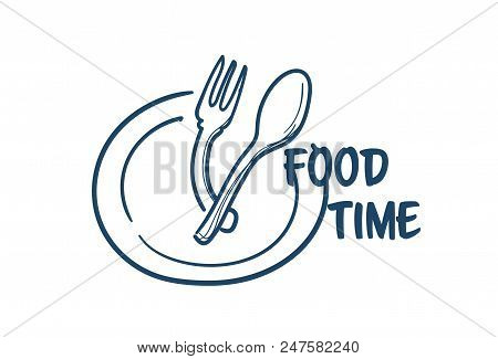 Food Time Plate With Spoon Fork Prepare For Eating Concept On White Background Sketch Doodle Vector 