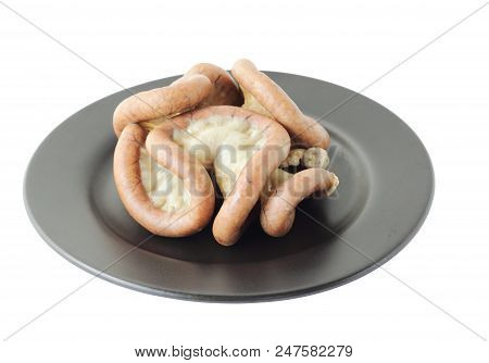 Chitterlings Internal Organs Of Pig Isolated On White Plate, Clipping Path.
