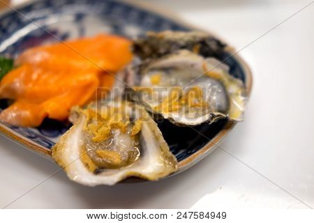 Tasty Fresh Oysters On Plate. Aphrodisiac Food For Increasing Sexual Desire
