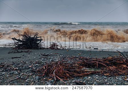 Huge Waves Throw Garbage And Twigs Ashore Pebble Beach Stormy Weather