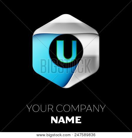 Realistic Blue Letter U Logo Symbol In The Colorful Silver-blue Hexagonal Shape On Black Background.