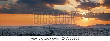 Athens skyline panorama viewed from Mt Lykavitos with Acropolis, Greece.