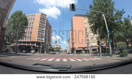 Bologna, Italy - May 19, 2018: Pov Driving To Bologna Downtown City Center Along The Historic Viale 