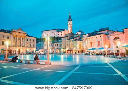Beautiful City Scenery In The Central Square With The Old Clock Tower In Porec, The Tourist Center O