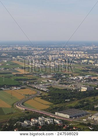 Warsaw City Seen From Plane Bird Perspective During A Day