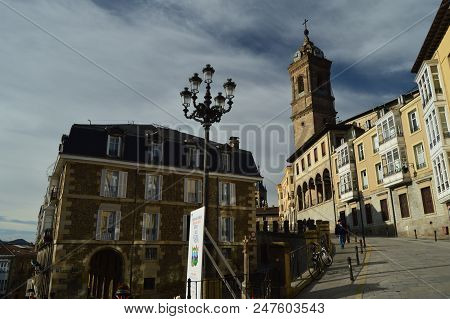 Steep Slope With The Belfry Of The Church On The Top In Vitoria. Architecture, Art, History, Travel.