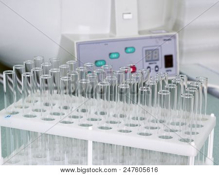 Empty Test Tubes For Blood On A Background Of Medical Devices