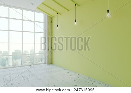 Empty Eco Style Room With Green Wall, Wooden Floor, Floor-to-ceiling Window And Megapolis City View.