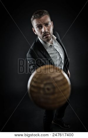 Bearded Man Pointing Baseball Bat. Man In Smart Suit Threatening With Wooden Bat. Aggressive Busines