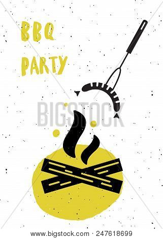 Barbeque Party. Flame And Sausage. Typography Poster. Unique Design Concept For Cafe Promotion, Adve