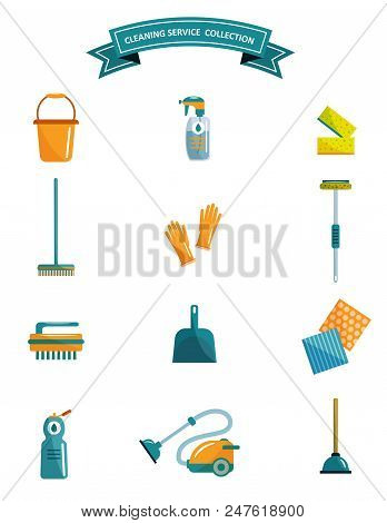 Cleaning Service Supplies. Isolated Icons Illustration Of Different Cleaning Tools And Household Goo