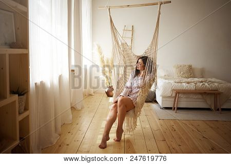 Beauty, Style, Rest And Relaxation Concept. Picture Of Fashionable Young Plus Size Female Enjoying S