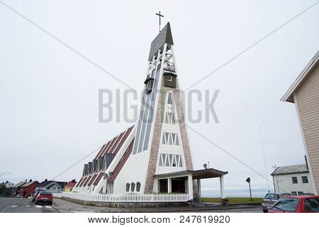 Hammerfest, Norway - January 21, 2010: Church Building On Grey Sky. Modern Architecture And Design. 