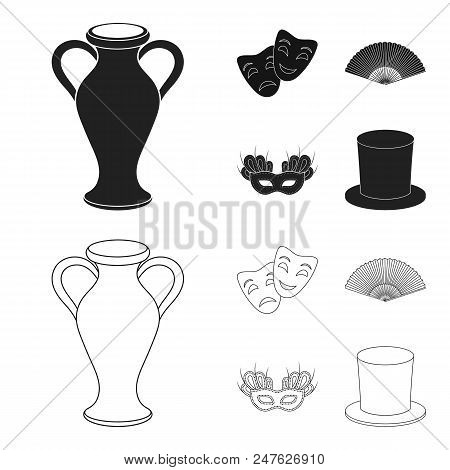 Theatrical Mask, Cylinder, Fan, Mask On The Eyes. Theater Set Collection Icons In Black, Outline Sty