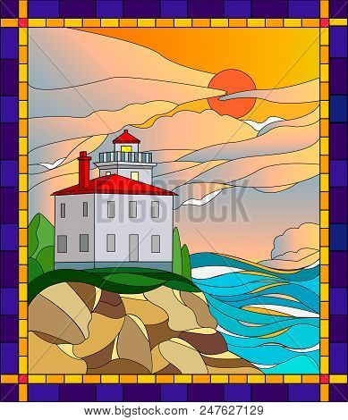 Red Lighthouse Stained Glass Window.illustration In Stained Glass Style Lighthouse. Sea, Lighthouse 