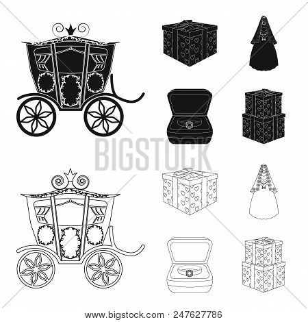 Wedding And Attributes Cartoon , Flat, Outline, Black Icons In Set Collection For Design.newlyweds A