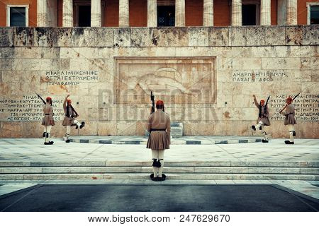 ATHENS - SEP 26: Changing the Guard ceremony at Syntagma Square on September 26, 2016 in Athens, Greece. It is one of the military tradition and tourism attraction in the city.