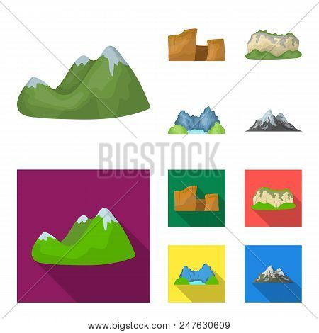 Green Mountains With Snow Tops, A Canyon, Rocks With Forests, A Lagoon And Rocks. Different Mountain