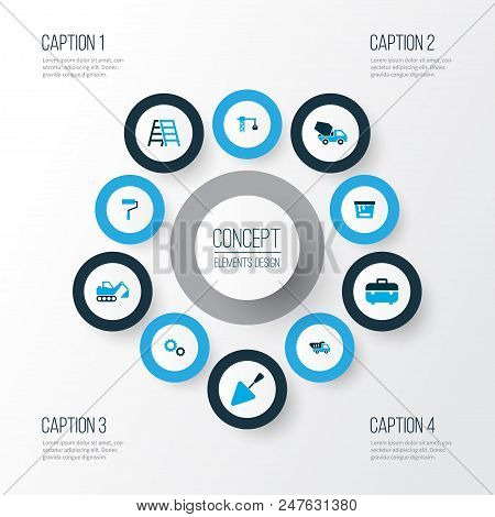 Construction Icons Colored Set With Bucket, Wall Painter, Crane And Other Paint Roller Elements. Iso